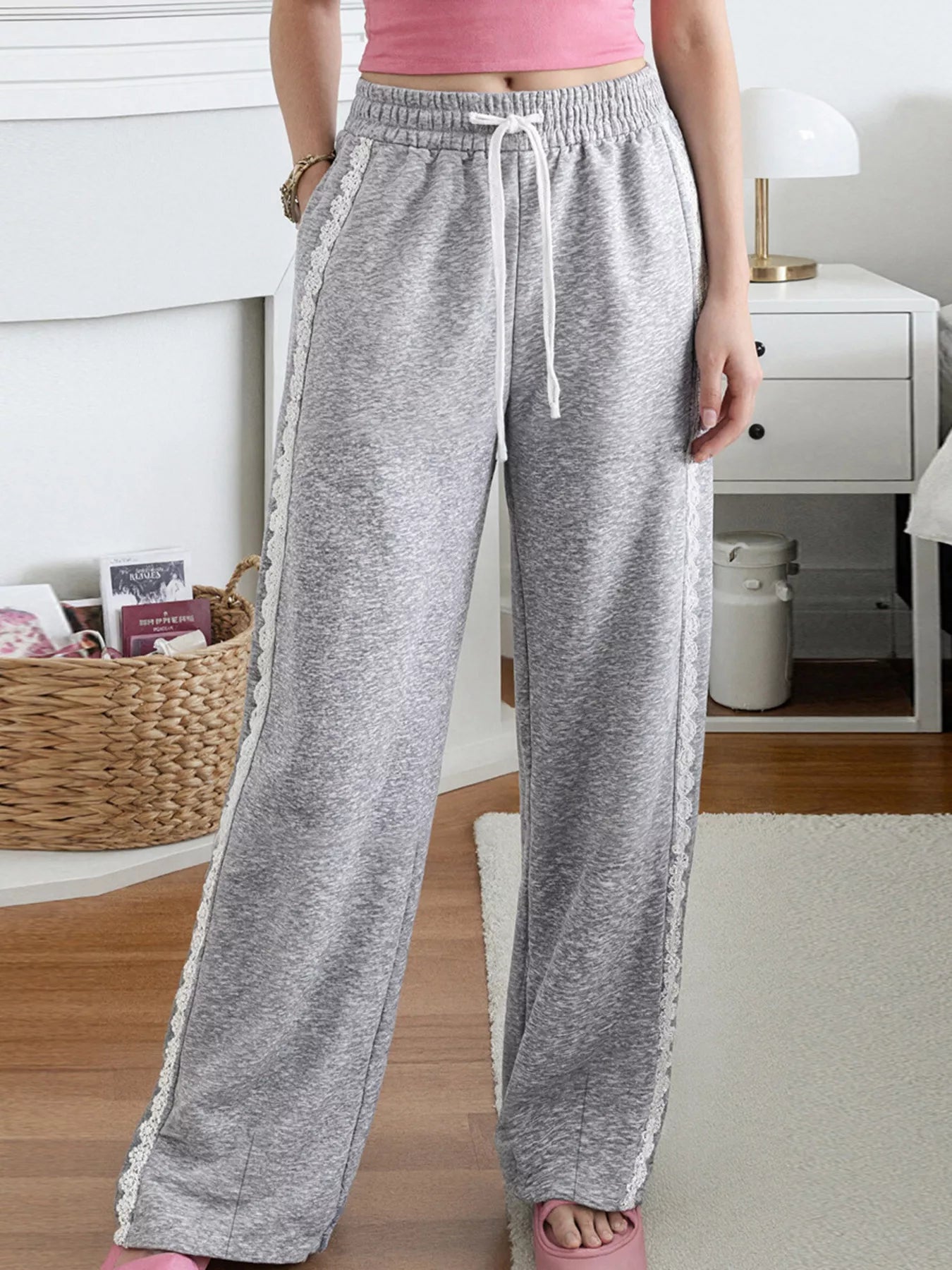 Sarah Express Women's Lace Trim Wide Leg Pants Gray