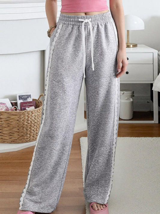 Sarah Express Women's Lace Trim Wide Leg Pants Gray