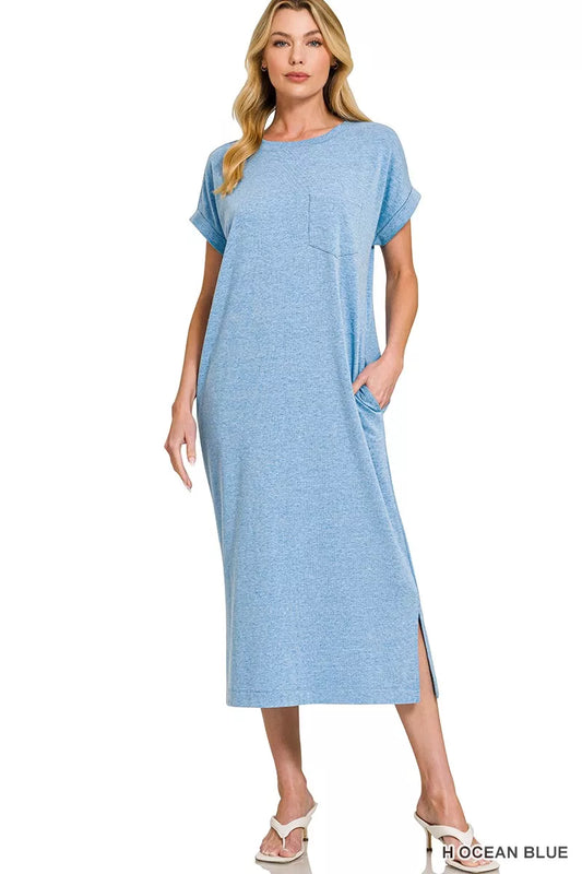 Sarah Express Women's Round Neck Short Sleeve Midi Dress H OCEAN BLUE