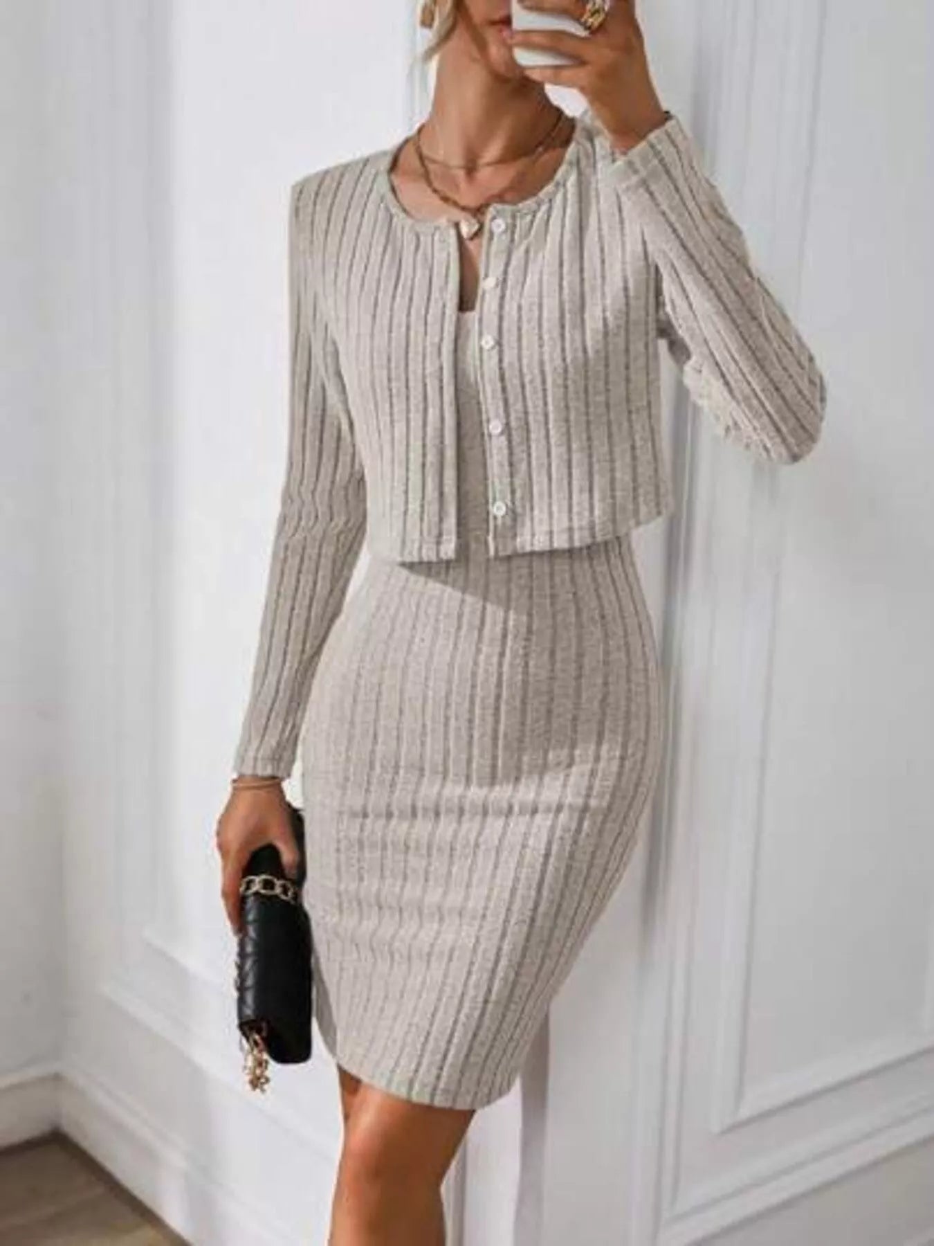 Sarah Express Women's Ribbed Knit Bodycon Cami Dress with Cardigan Set