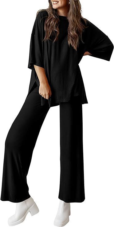Sarah Express Two Piece Pullover Top Wide Leg Pants Set Polyester