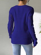 Sarah Express Women's V-Neck Hollow Knit Sweater - Openwork Design