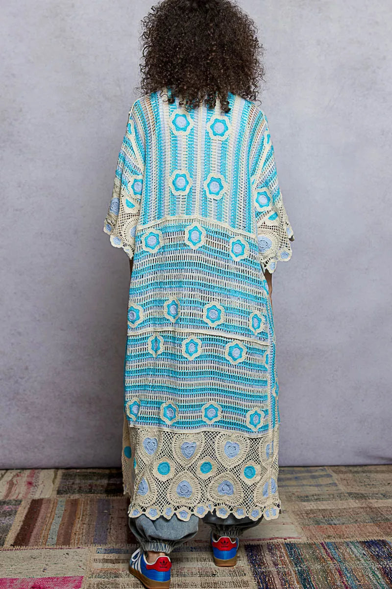 Sarah Express Women's Striped and Floral Pattern Crochet Longline Cardigan