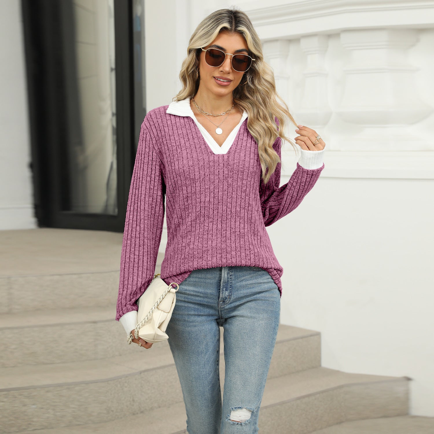 Sarah Express Women's Lapel Long Sleeve Loose Fit Top Rayon Pullover