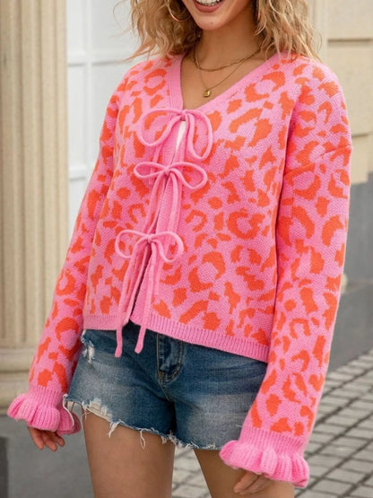 Sarah Express Women's Leopard Print Tie-Front Cardigan with Ruffle Trim