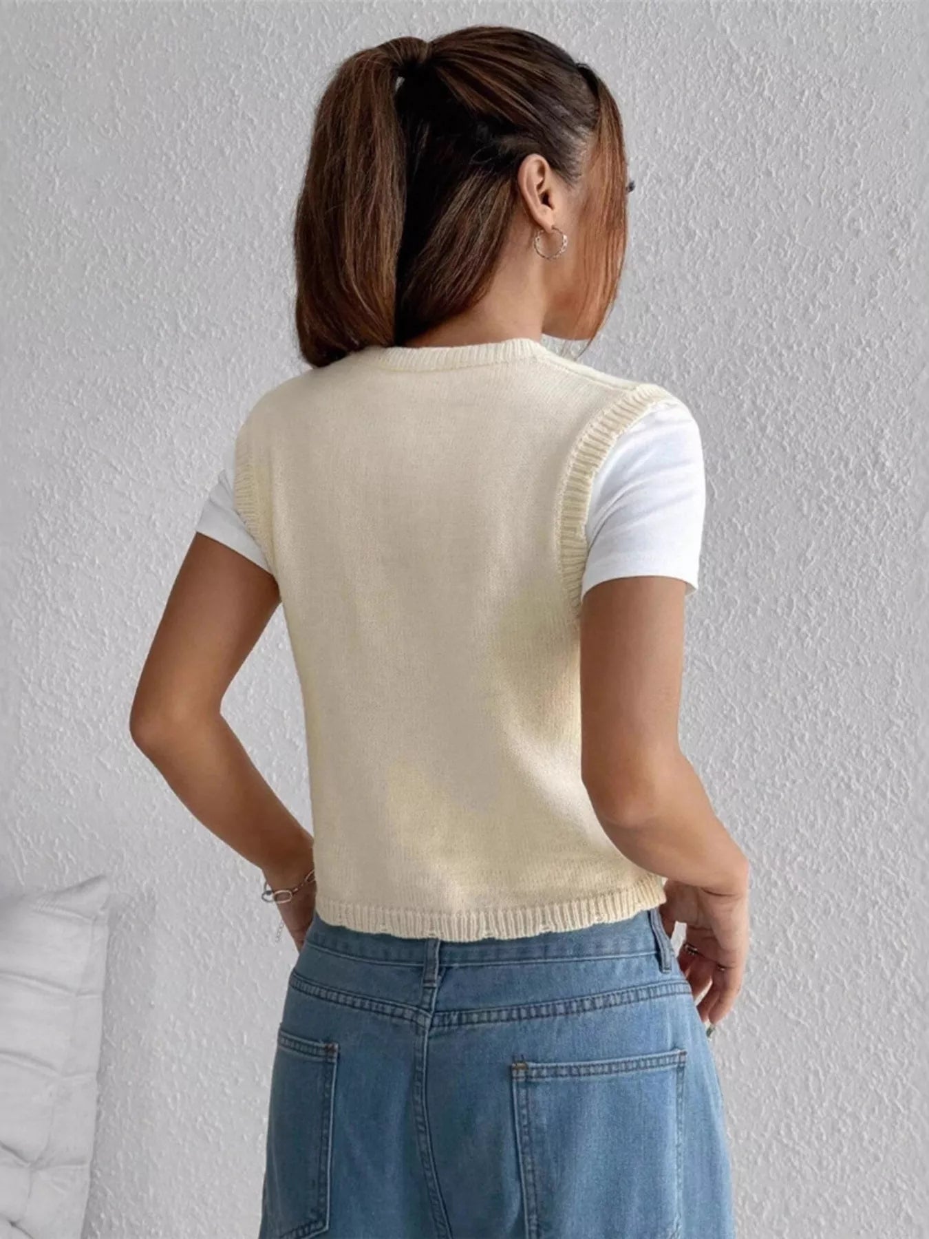 Sarah Express Women's Embroidered Button Up Sweater Vest