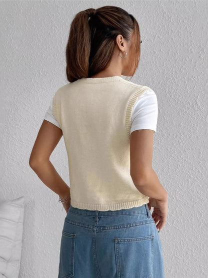 Sarah Express Women's Embroidered Button Up Sweater Vest