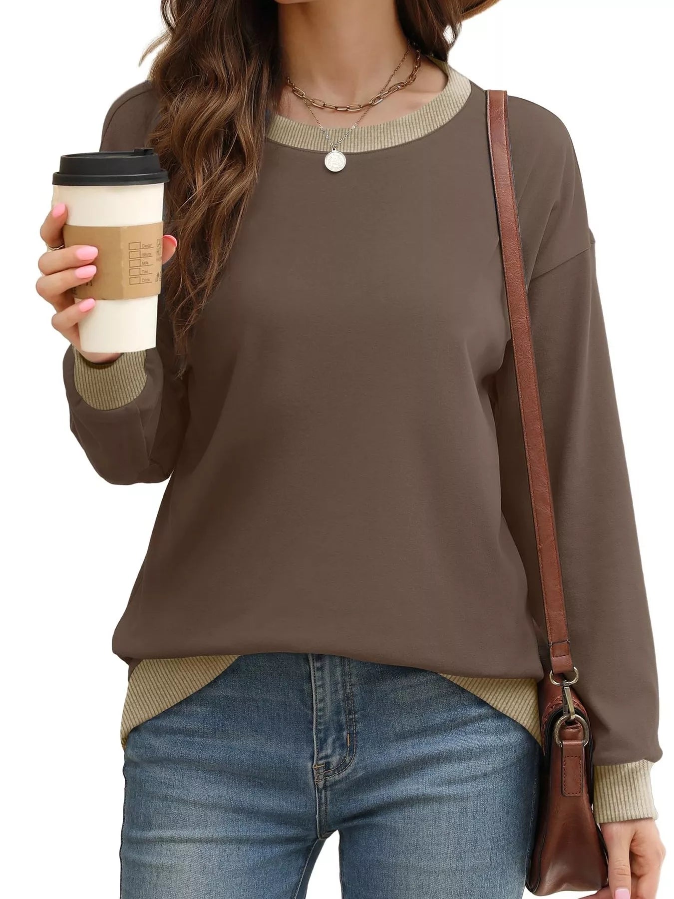 Sarah Express Women's Contrast Trim Crew Neck Casual Sweatshirt