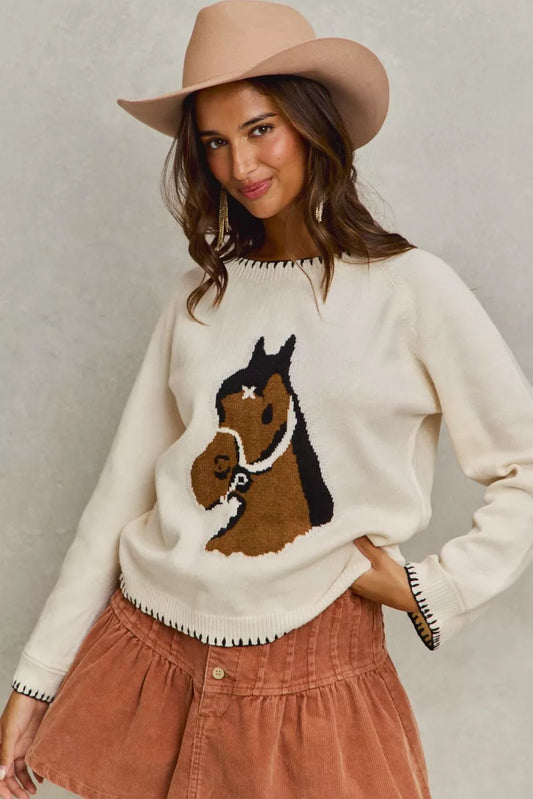 Sarah Express Women's Horse Knit Sweater Top - Cozy Blanket Stitch Pullover