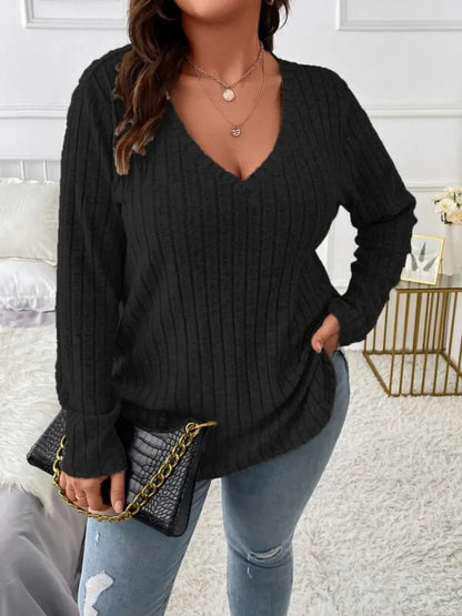 Sarah Express Women's Plus Size V-Neck Long Sleeve T-Shirt Black