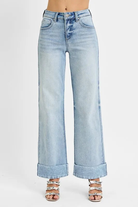 Sarah Express Women’s Plus Size Tummy Control High Rise Ankle Jeans with Wide Cuff
