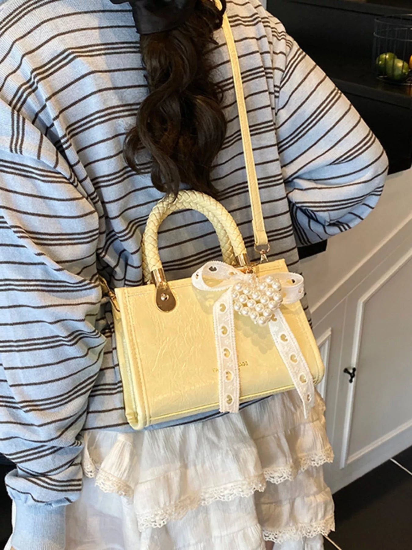 Sarah Express Women's Mini Crossbody Bag with Pearl Decor & Braided Handle