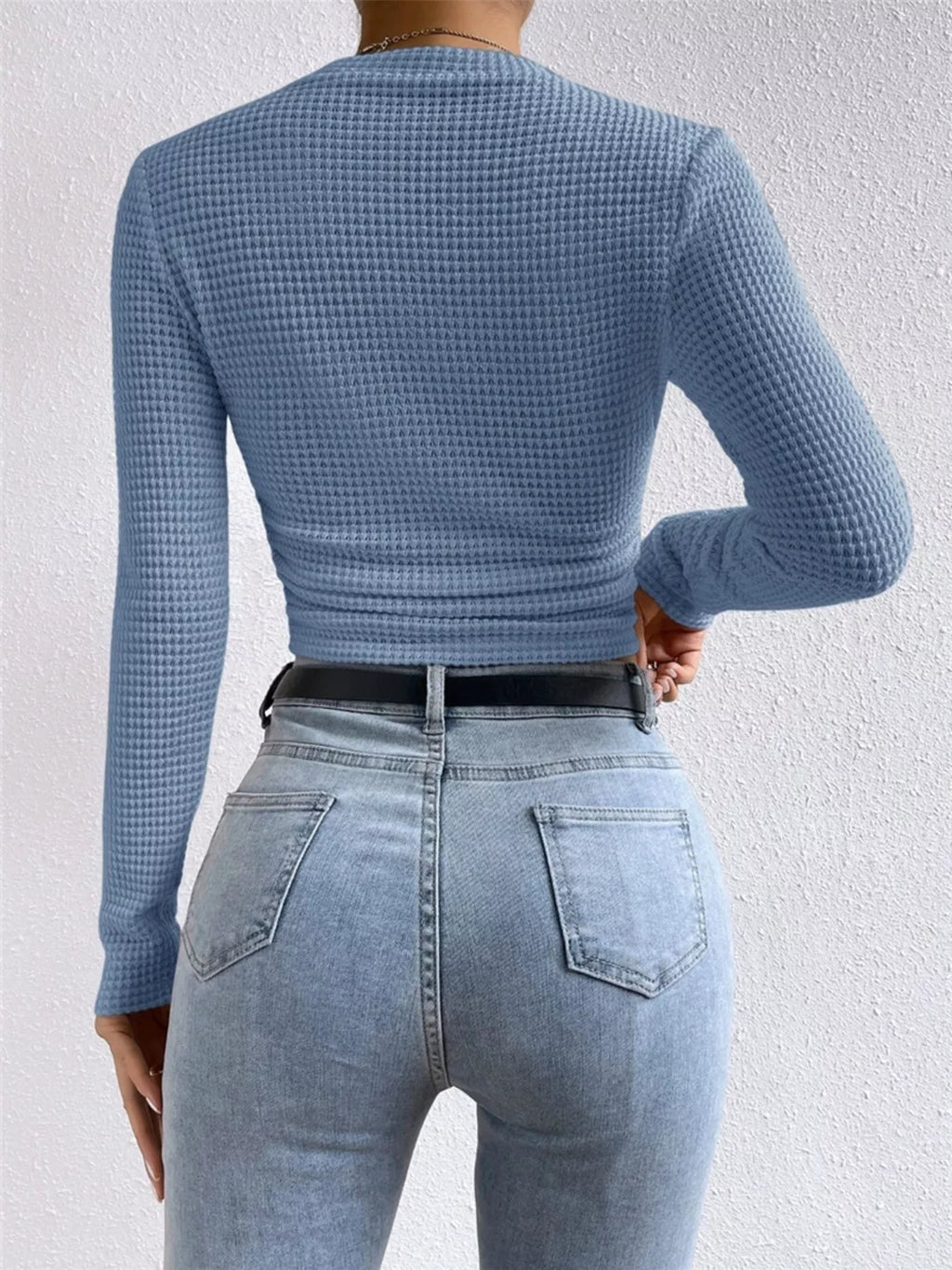 Sarah Express Women's Waffle Knit Long Sleeve T-Shirt - Stretchy Casual Top