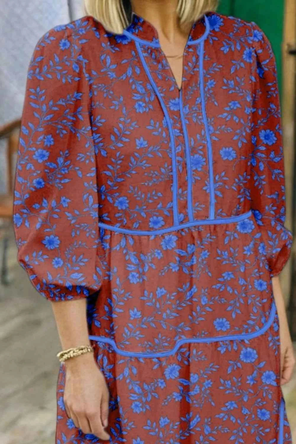 Sarah Express Women's Floral Tiered Dress with Puff Sleeves - 3/4 Sleeve Loose Fit