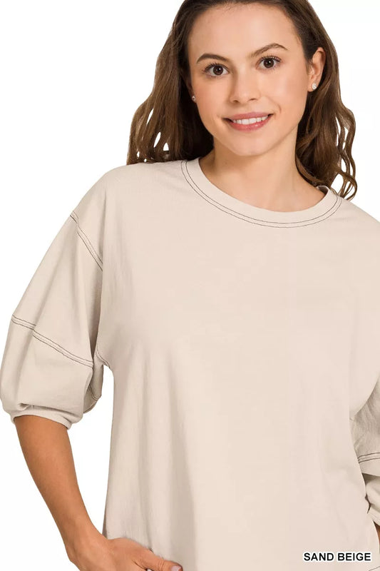 Sarah Express Women's Balloon Sleeve Top with Contrast Stitching - Trendy Statement Blouse