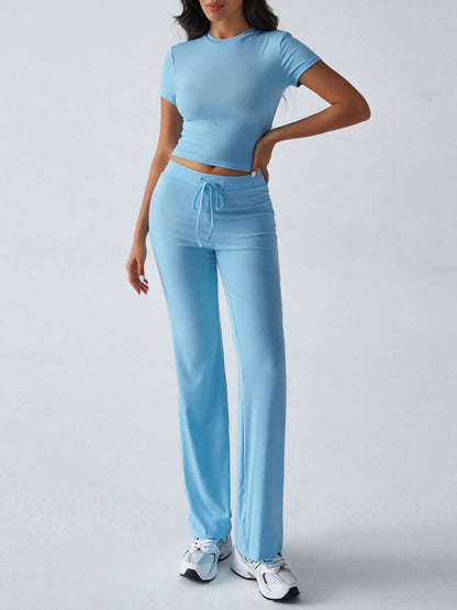 Sarah Express Women's Mock Neck Short Sleeve Top and Pants Set