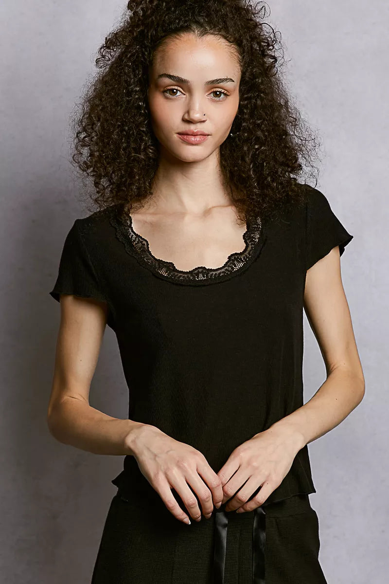 Sarah Express Women's Round Neck Short Sleeve Crop T-Shirt with Lace Trim BLACK