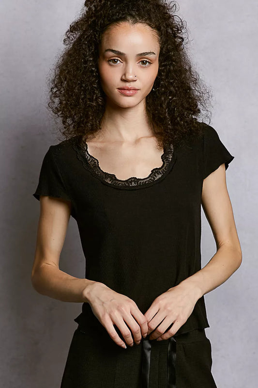 Sarah Express Women's Round Neck Short Sleeve Crop T-Shirt with Lace Trim BLACK
