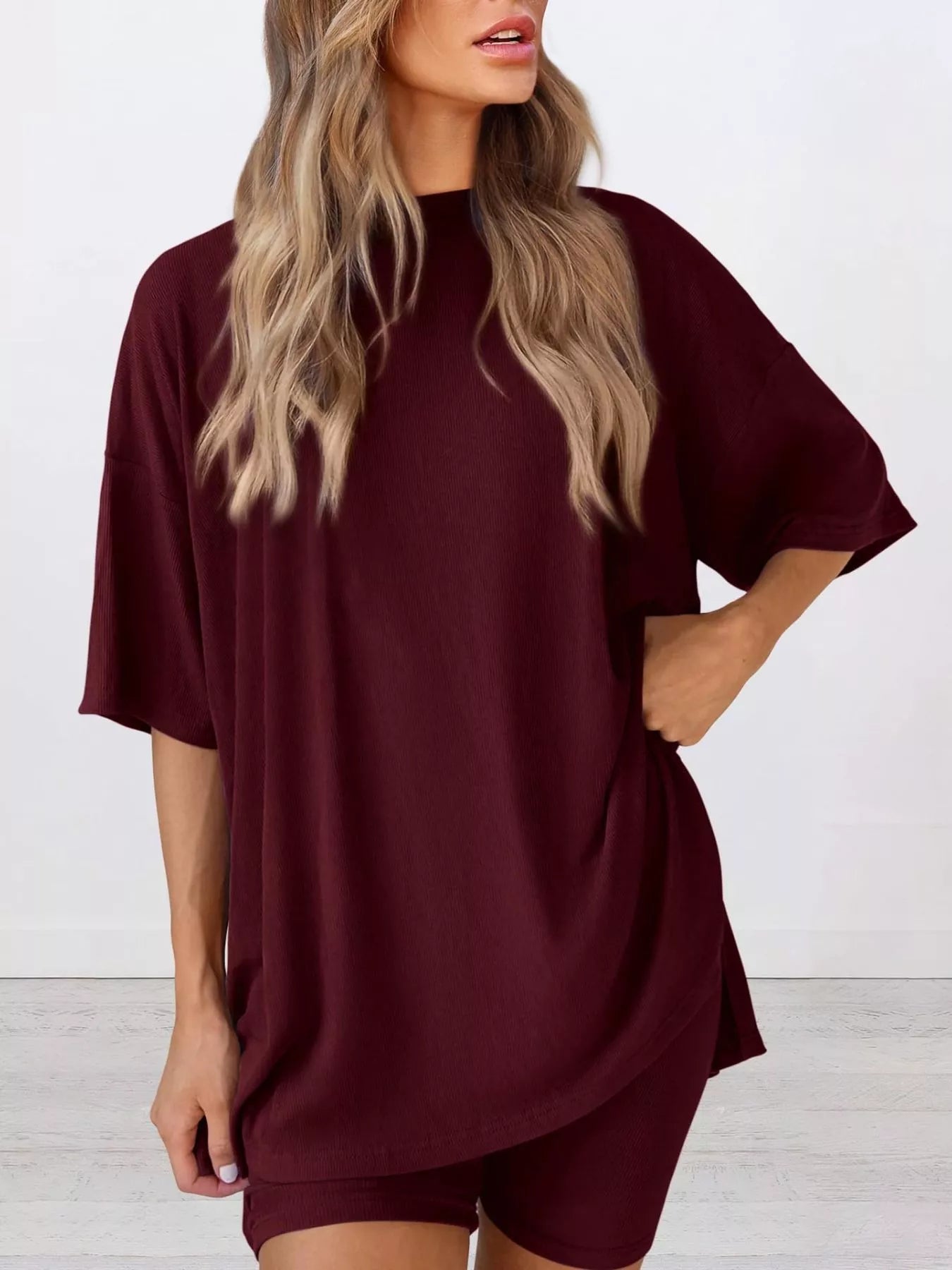 Sarah Express Women's Relaxed Fit Round Neck Top and Shorts Two-Piece Set - Plus Size Loungewear