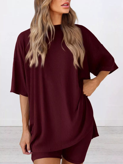 Sarah Express Women's Relaxed Fit Round Neck Top and Shorts Two-Piece Set - Plus Size Loungewear