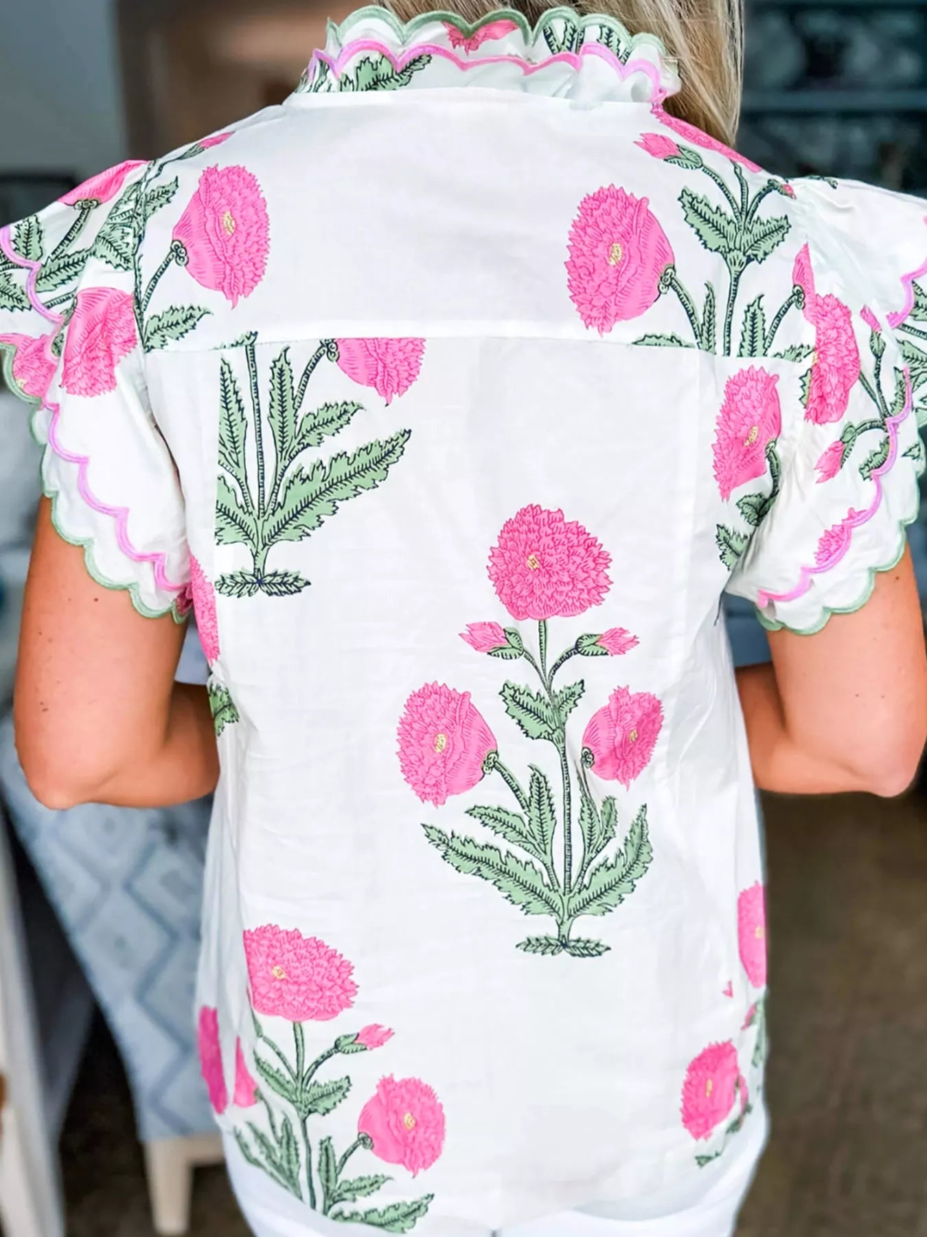 Sarah Express Women's Floral Print Ruffle Trim Blouse - Short Sleeve Summer Top