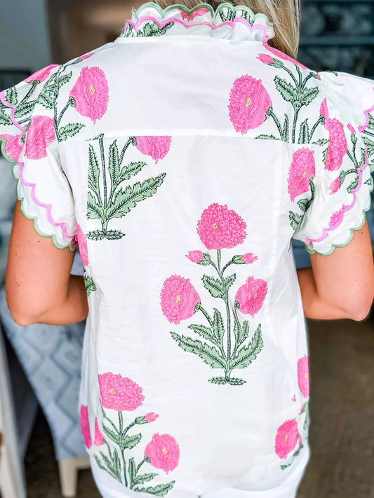 Sarah Express Women's Floral Print Ruffle Trim Blouse - Short Sleeve Summer Top