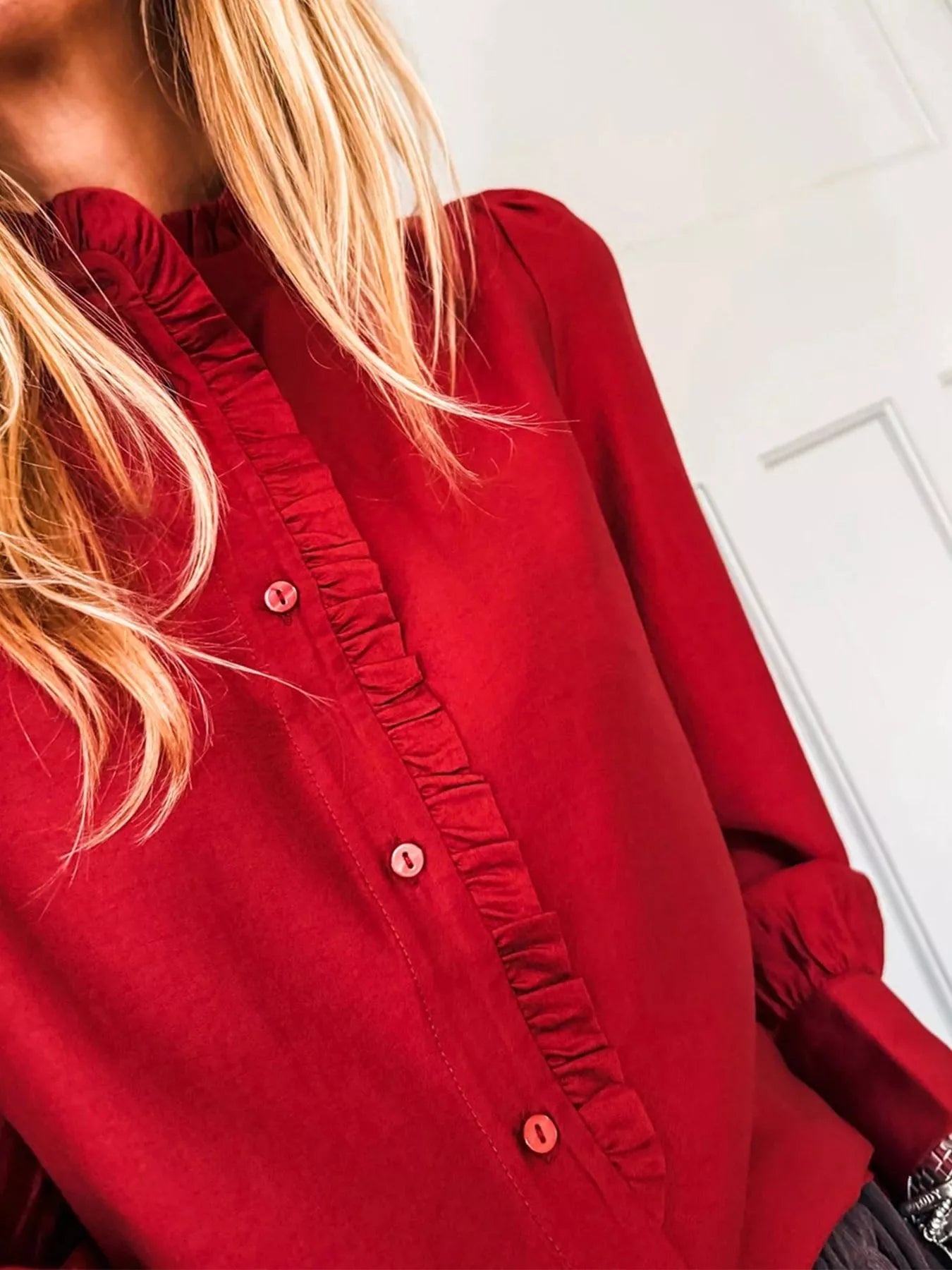 Sarah Express Women's Ruffle Trim Long Sleeve Shirt