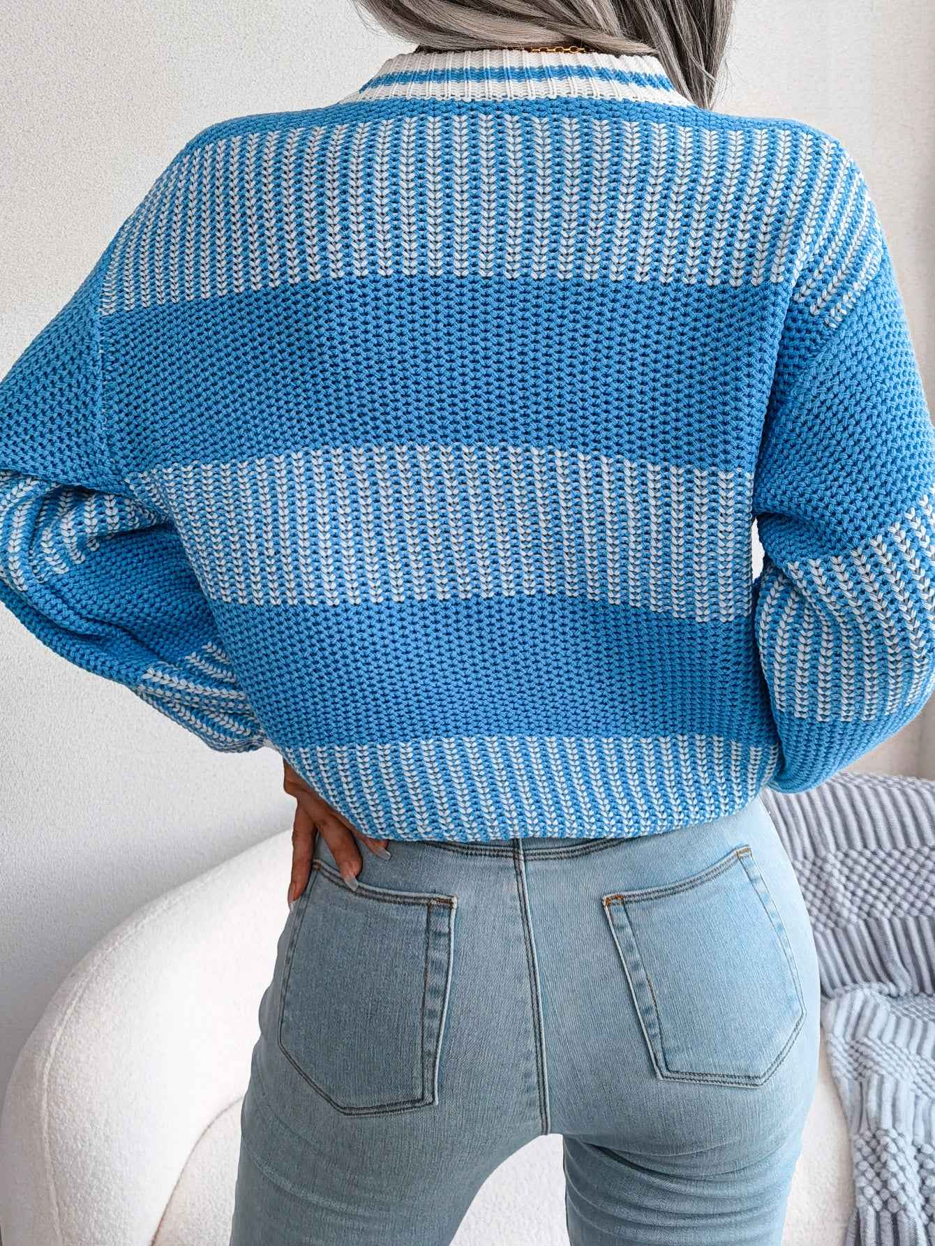 Sarah Express Women's Color Block Striped Knit Sweater - Long Sleeve Casual Pullover