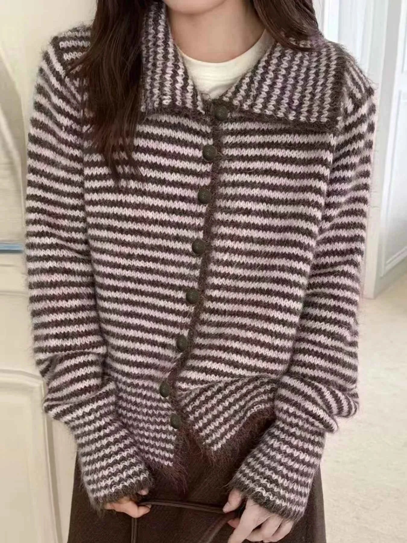 Sarah Express Women's Striped Knit Button-Down Cardigan - Cozy Acrylic Sweater Brown One Size