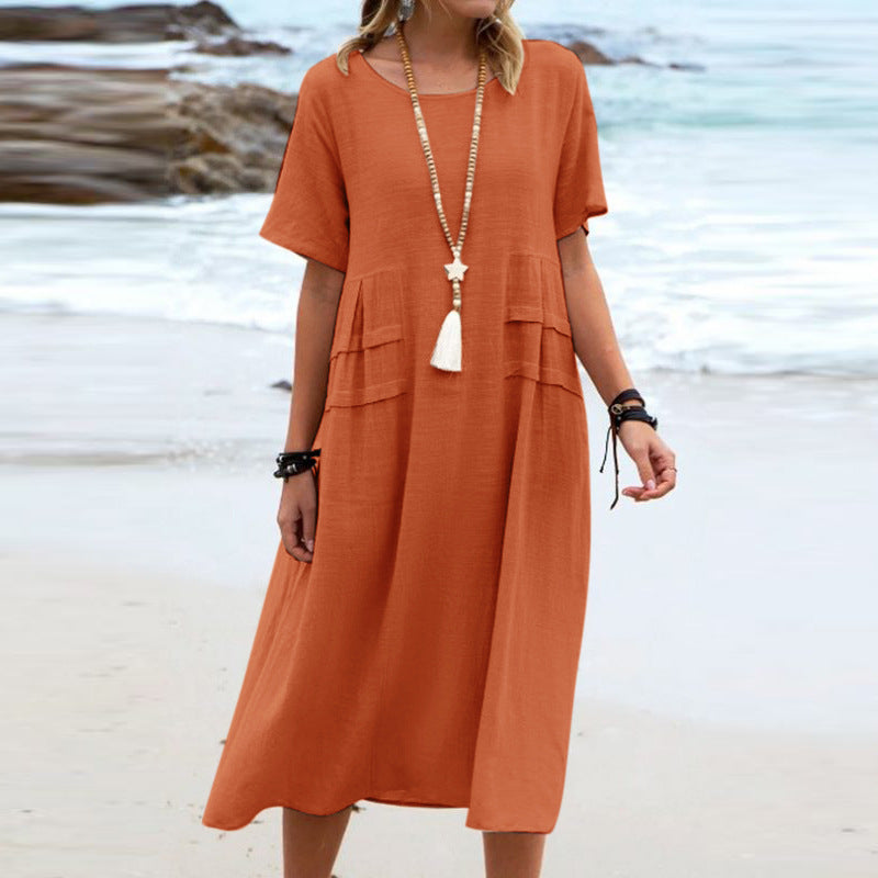 Sarah Express Women's Loose Casual Midi Dress Short Sleeve Summer Beach Cotton Linen Style
