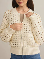 Sarah Express Women's Openwork Zip-Up Cardigan - Beige Acrylic Knit Sweater