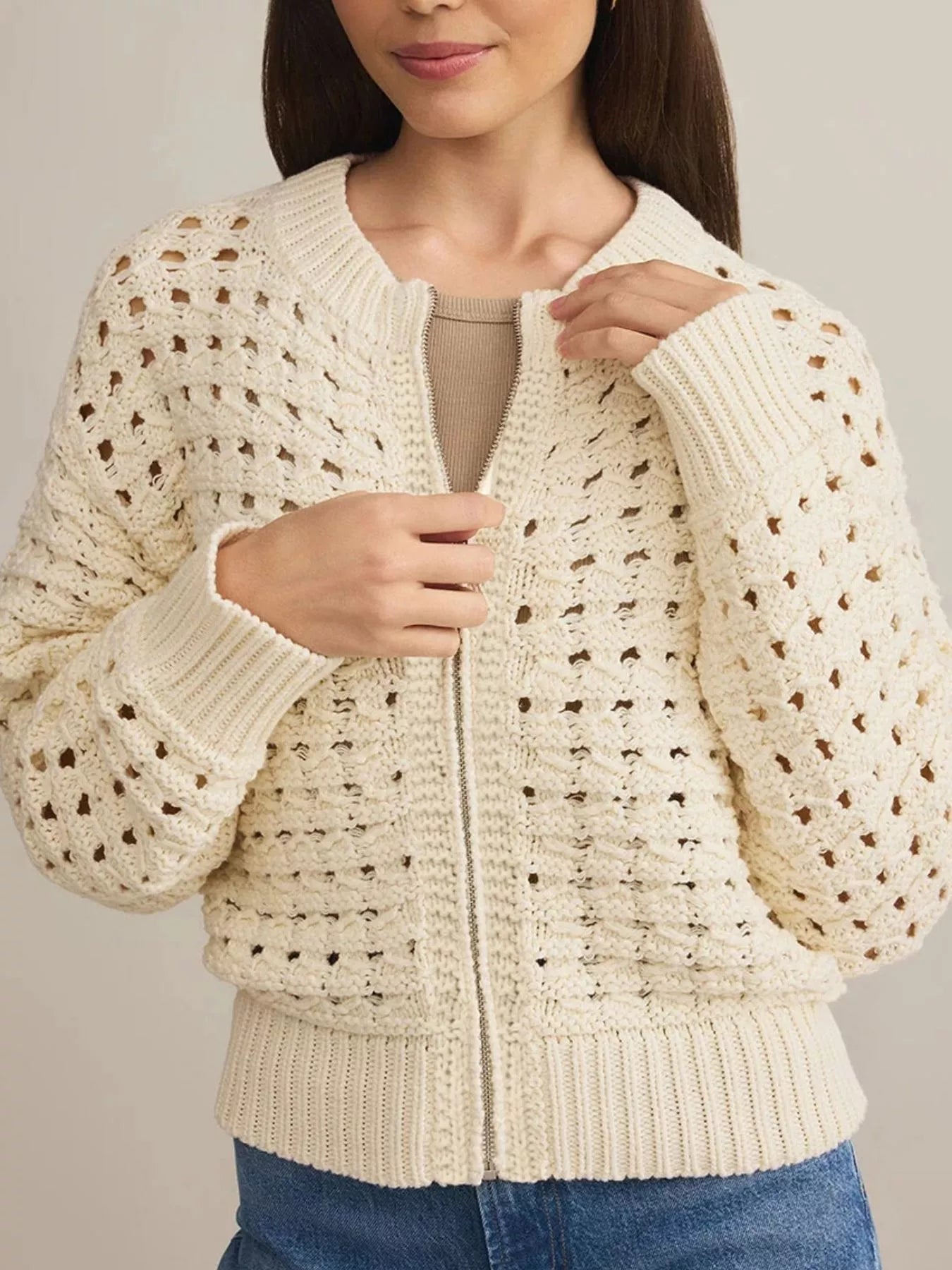 Sarah Express Women's Openwork Zip-Up Cardigan - Beige Acrylic Knit Sweater