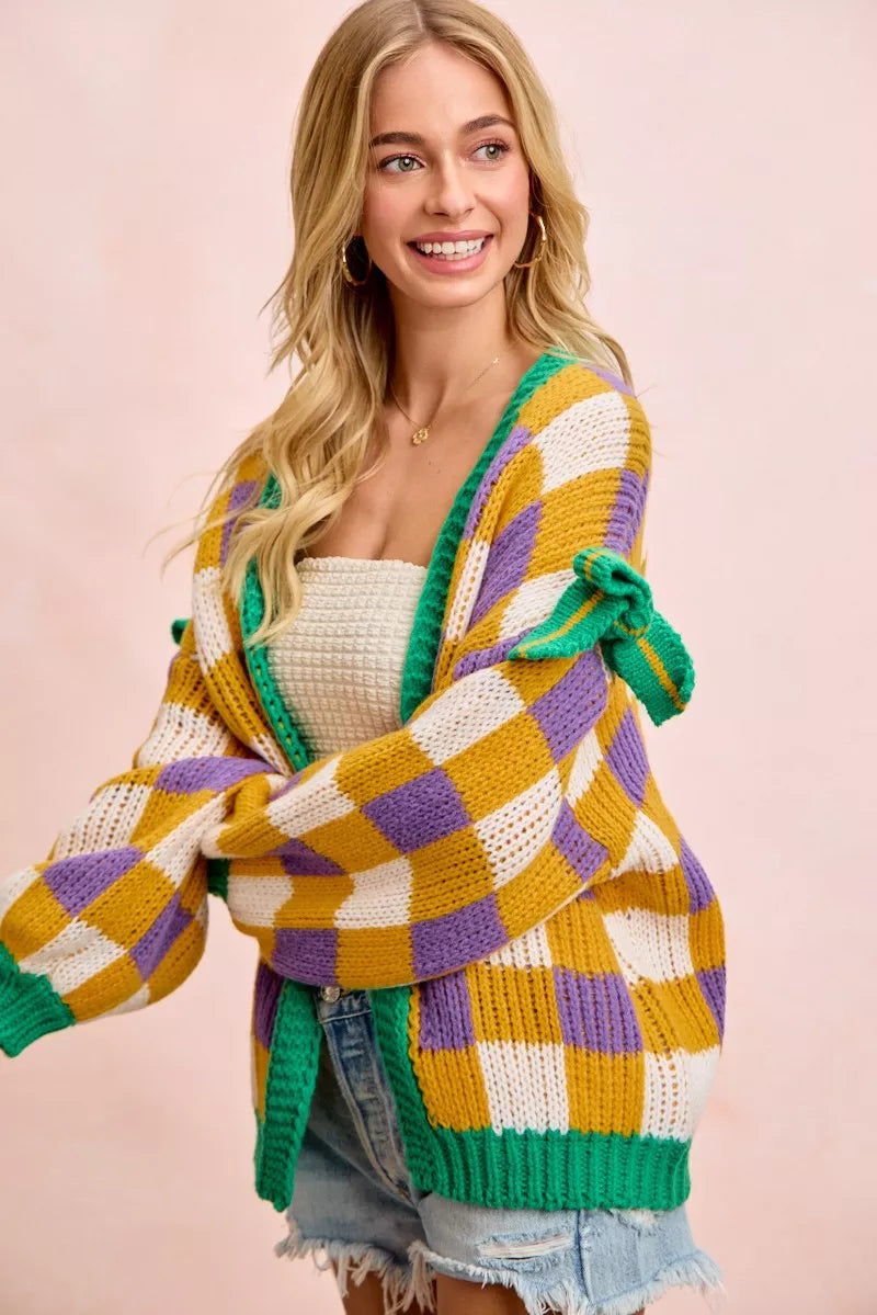 Sarah Express Women's Mardi Gras Checkerboard Front Open Cardigan