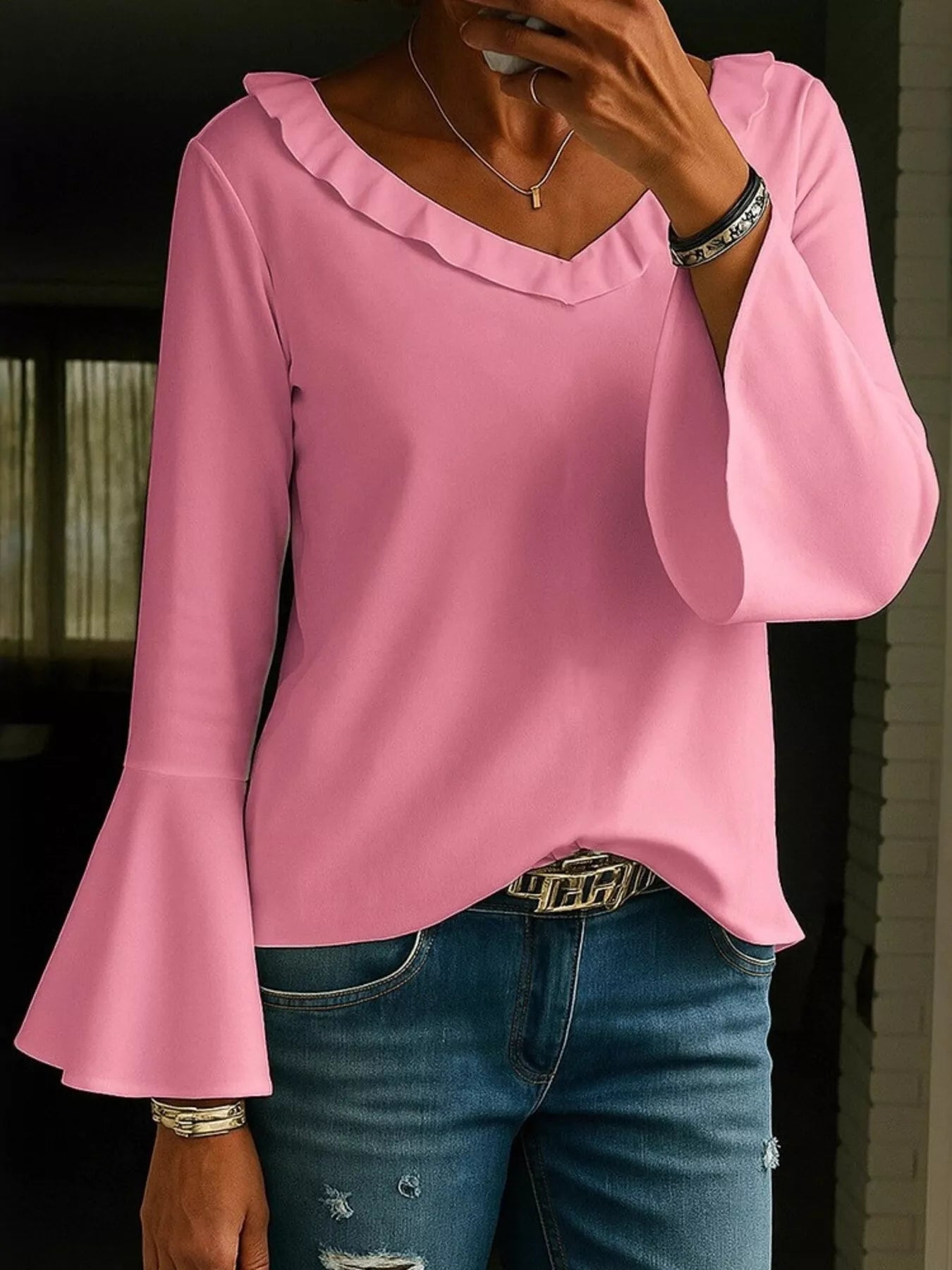Sarah Express Women's Ruffled V-Neck Long Sleeve Blouse Plus Size Pink
