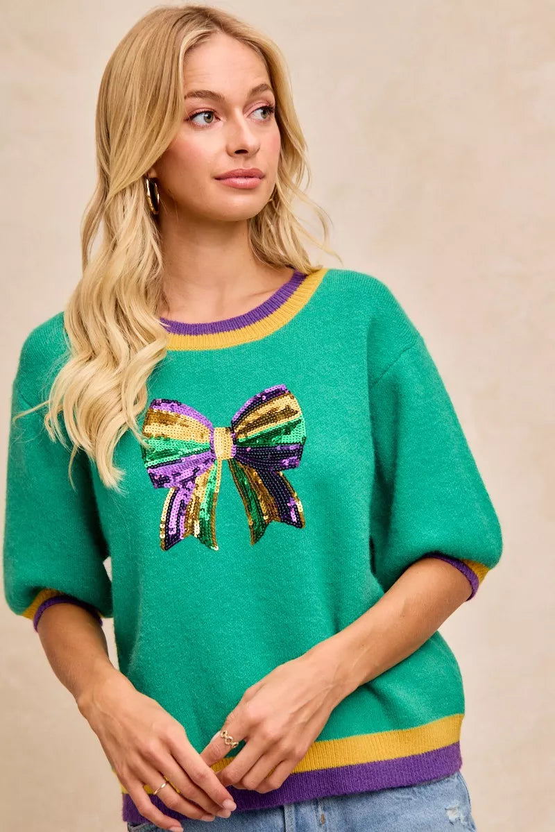 Sarah Express Women's Mardi Gras Sequin Ribbon Patched Sweater