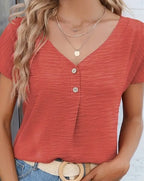 Sarah Express Women's Solid Button-Front V-Neck Short Sleeve Blouse Polyester