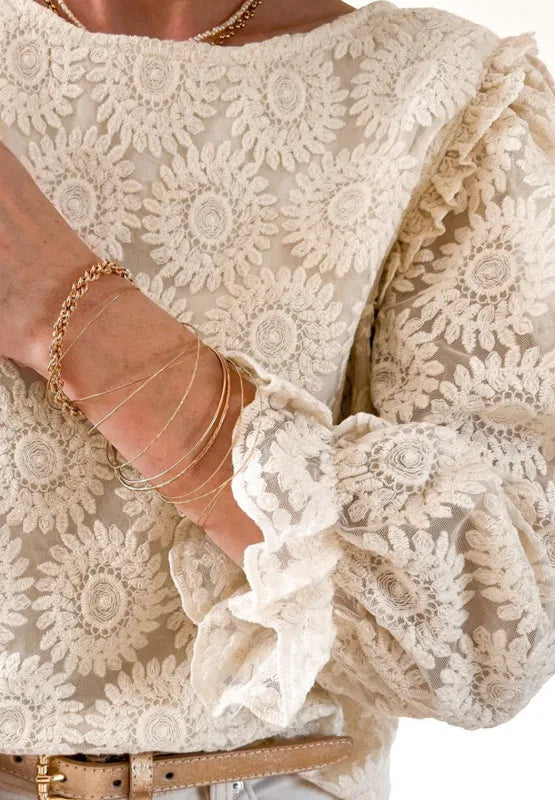 Sarah Express Women's Flower Jacquard Flounce Sleeve Blouse