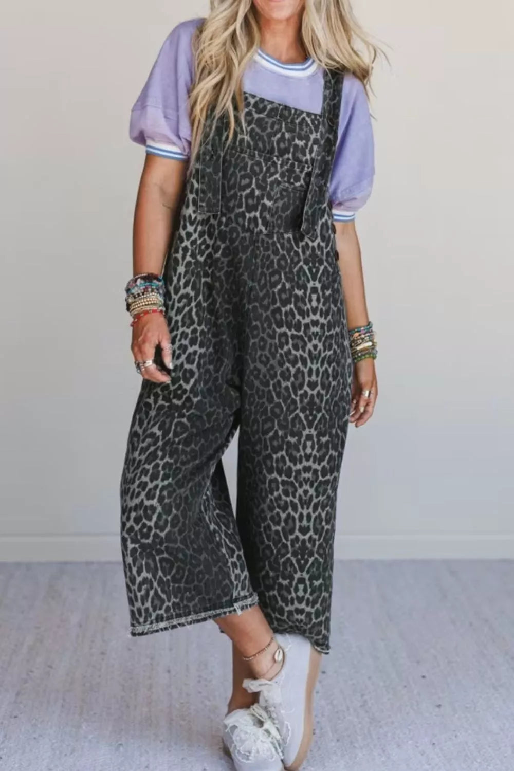 Sarah Express Women's Leopard Print Denim Overalls - Adjustable Strap Cropped Loose Fit Jumpsuit