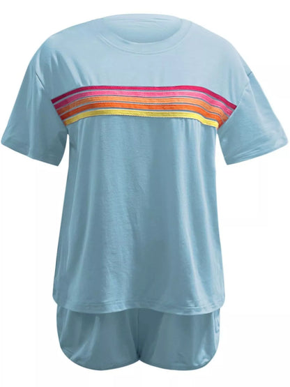 Sarah Express Women's Rainbow Striped Two Piece Set - Round Neck Top & Shorts Lounge Set