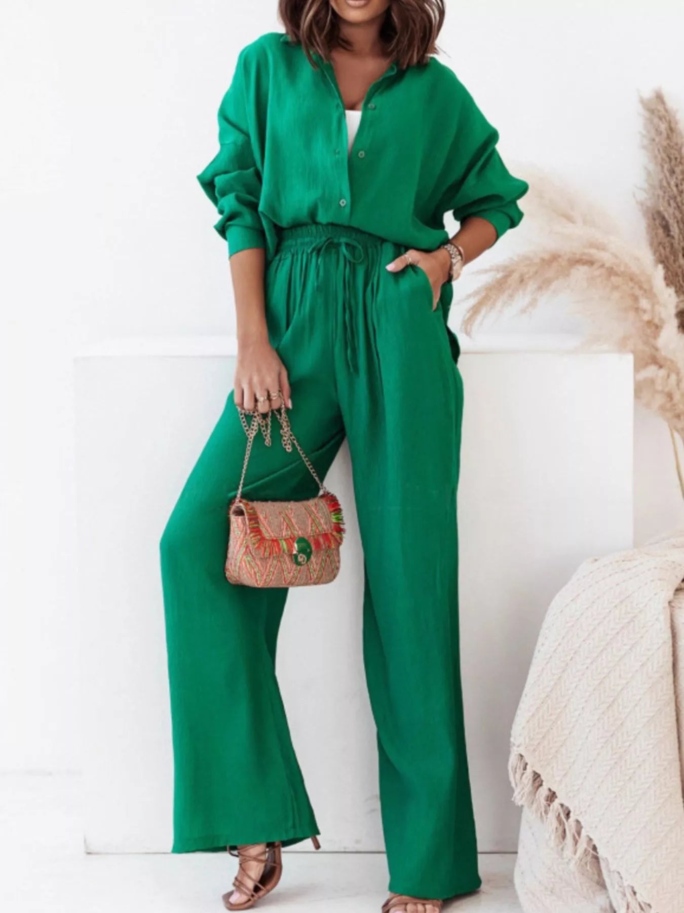 Sarah Express Women's Plus Size Button Up Shirt and Pants Two-Piece Set - Relaxed Fit Casual Outfit Green