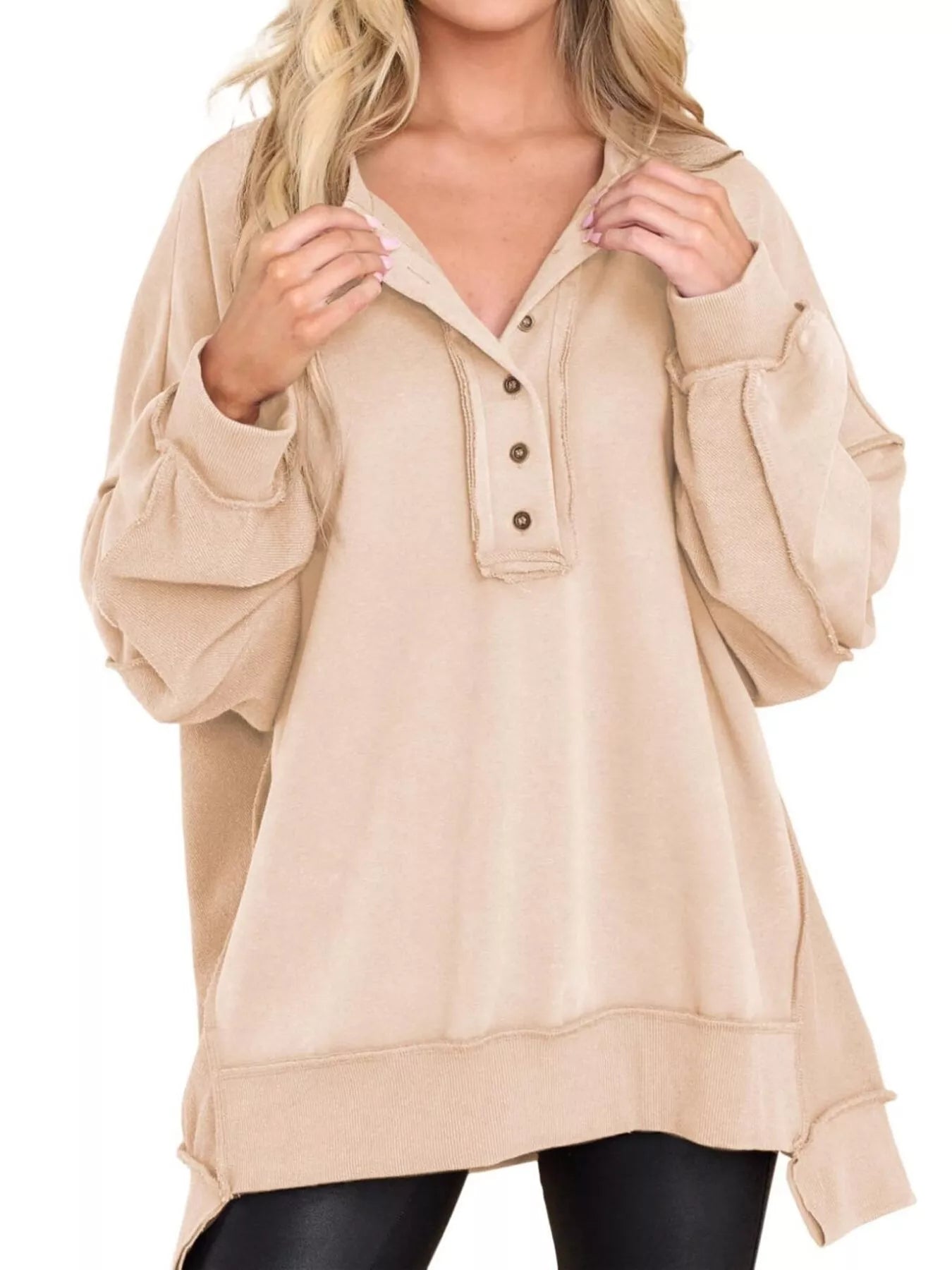 Sarah Express Women's Half Snap Long Sleeve Oversized Sweatshirt Apricot