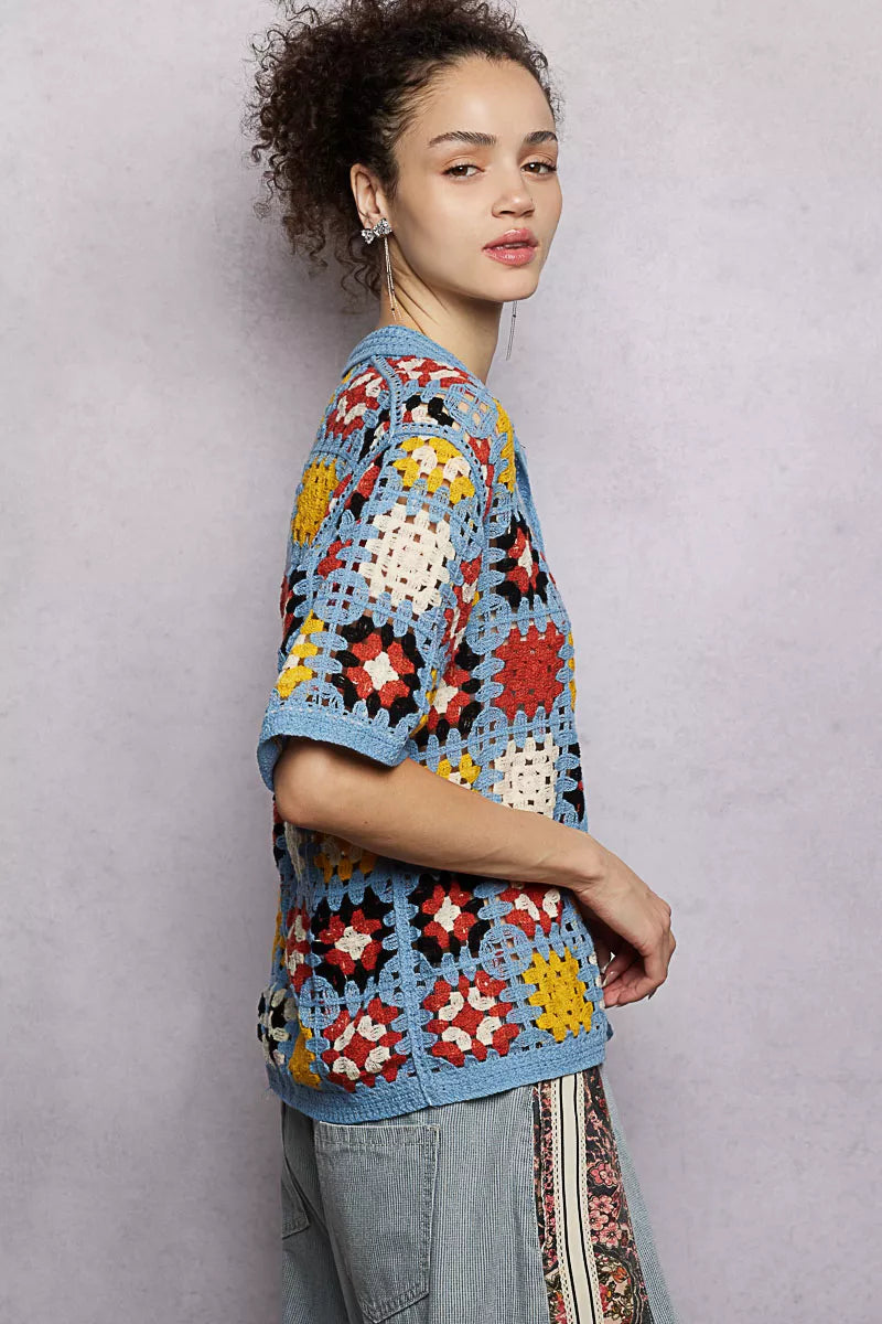 Sarah Express Women's Crochet Short Sleeve Button Down Shirt - Retro Color Block Knit Blouse