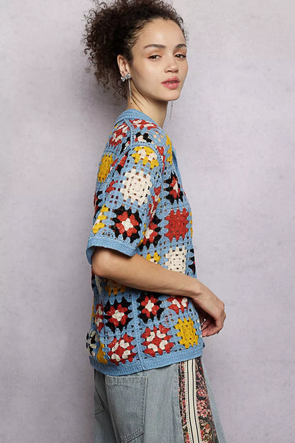 Sarah Express Women's Crochet Short Sleeve Button Down Shirt - Retro Color Block Knit Blouse