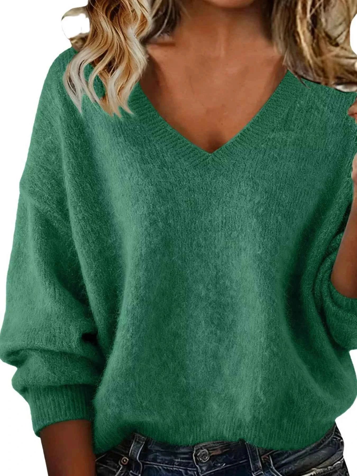 Sarah Express Women's V-Neck Dropped Shoulder Sweater - Plus Size Green