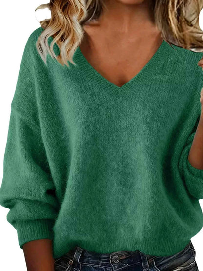 Sarah Express Women's V-Neck Dropped Shoulder Sweater - Plus Size Green