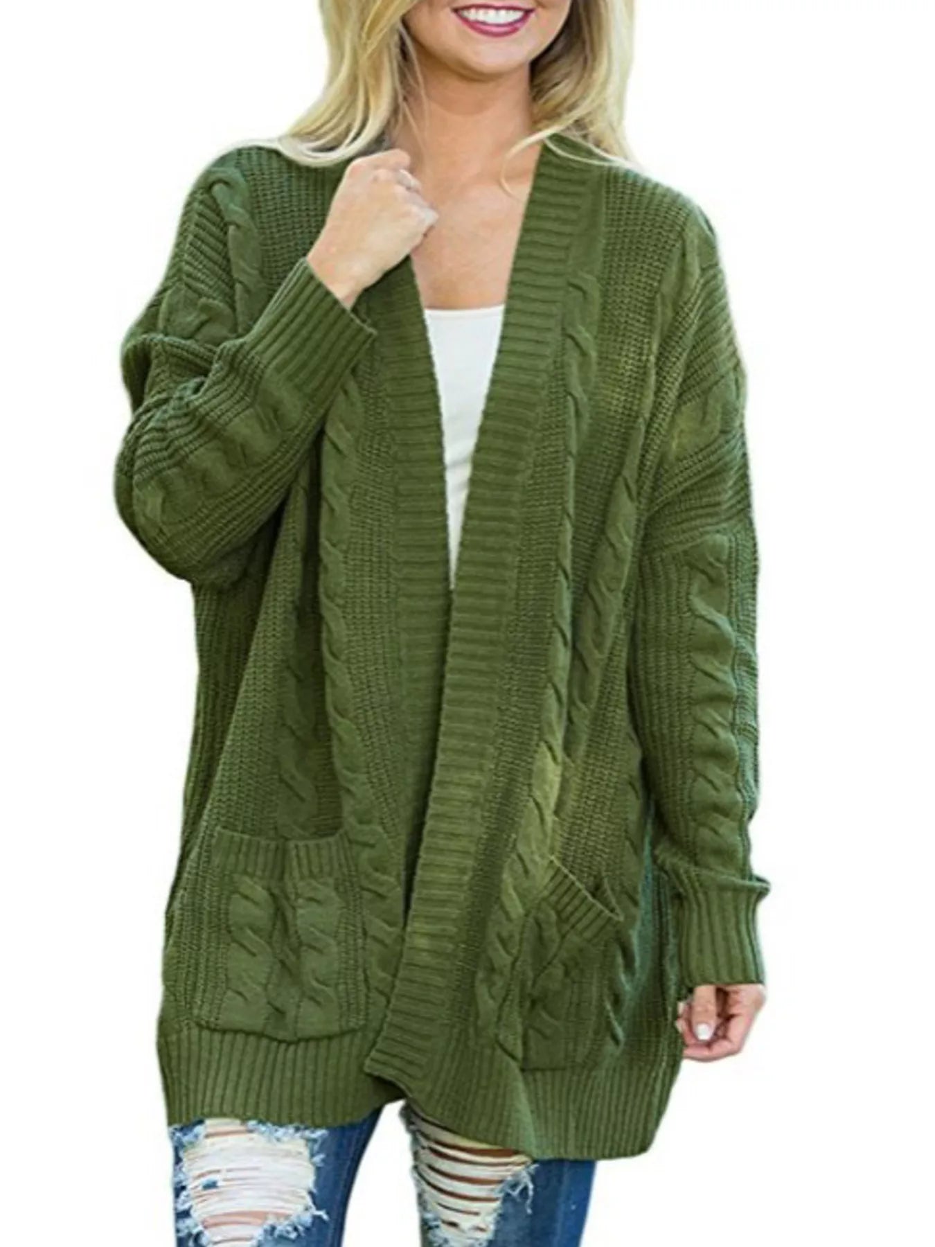 Sarah Express Women's Chunky Knit Open Front Cardigan - Cozy Oversized Plus Size Sweater Green