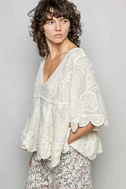 Sarah Express Women's V-Neck Crochet Blouse with Scalloped Hem - Vintage Boho Top