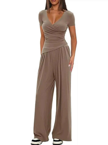 Sarah Express Women's Surplice Short Sleeve Top and Pants Set - Two Piece Outfit