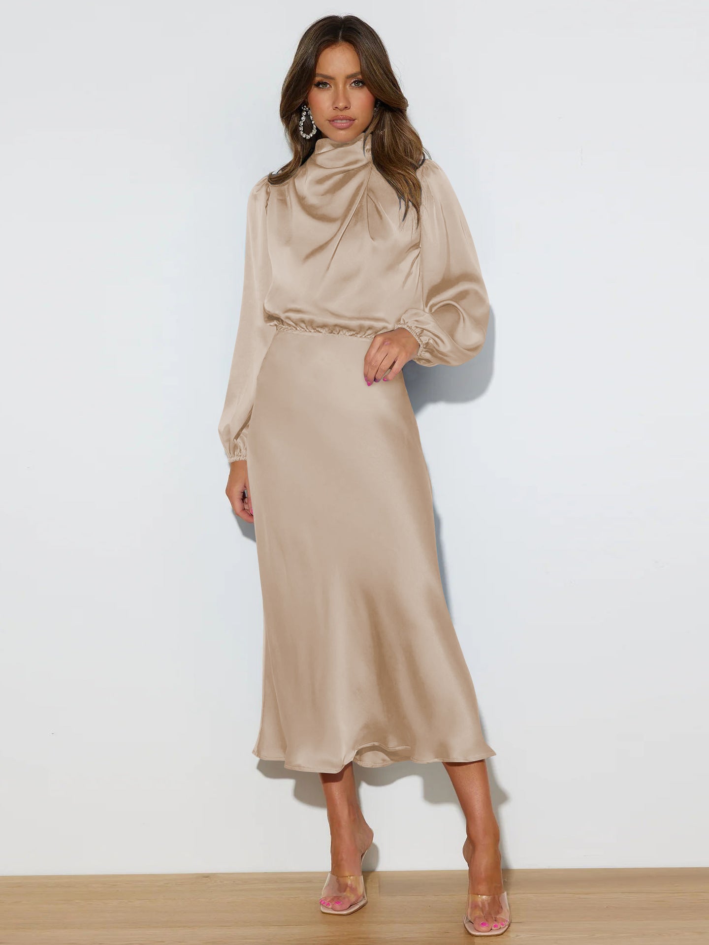 Sarah Express Women's Satin Formal Dress Halter Neck Long Sleeve Evening Midi Elegant