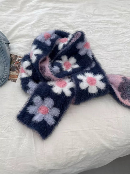 Sarah Express Women's Floral Fuzzy Knit Scarf - Soft Faux Mink Winter Scarf